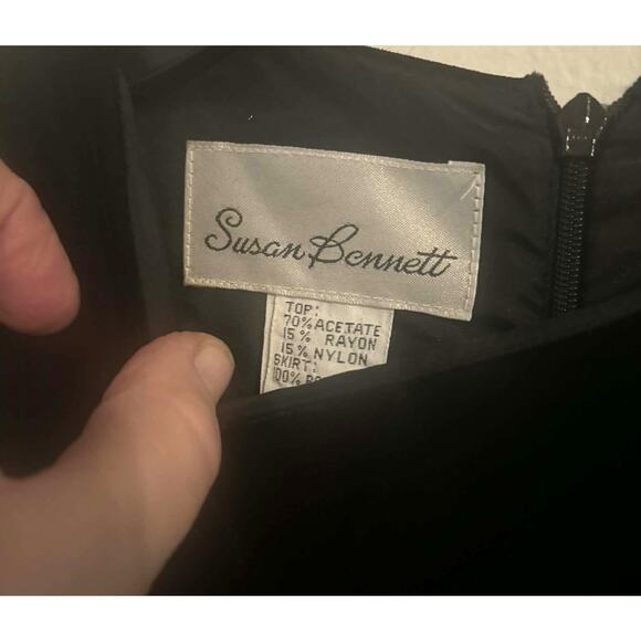 Vintage Susan Bennett Black Velvet Lace Midi Dress Bow Belt Korea Size 10 Lined - Picture 6 of 6